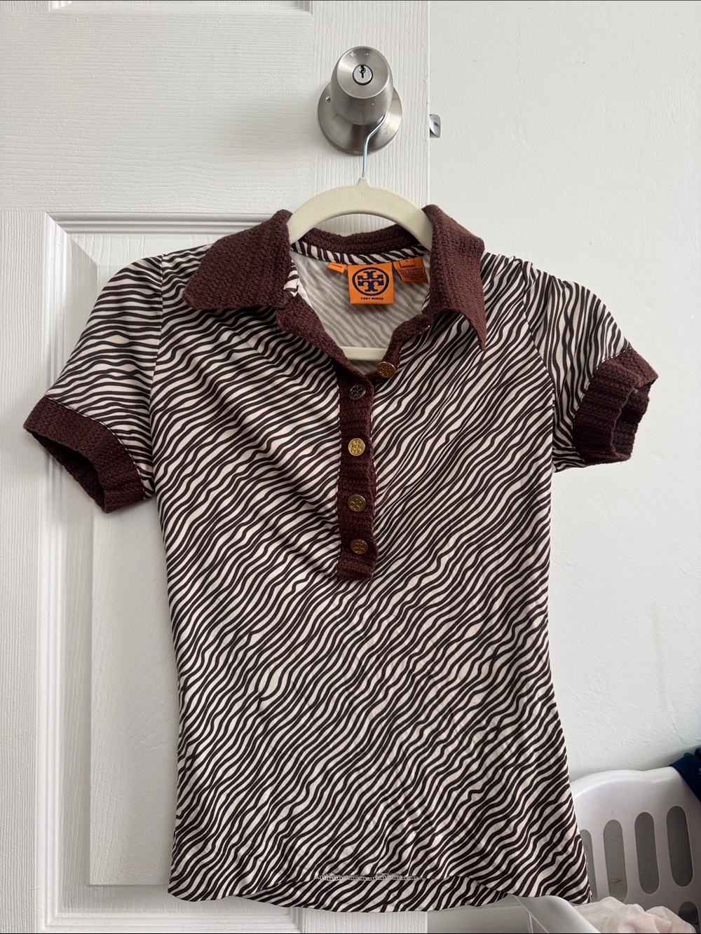Vintage Tory Burch Brown & Cream Zebra-Stripe Polo